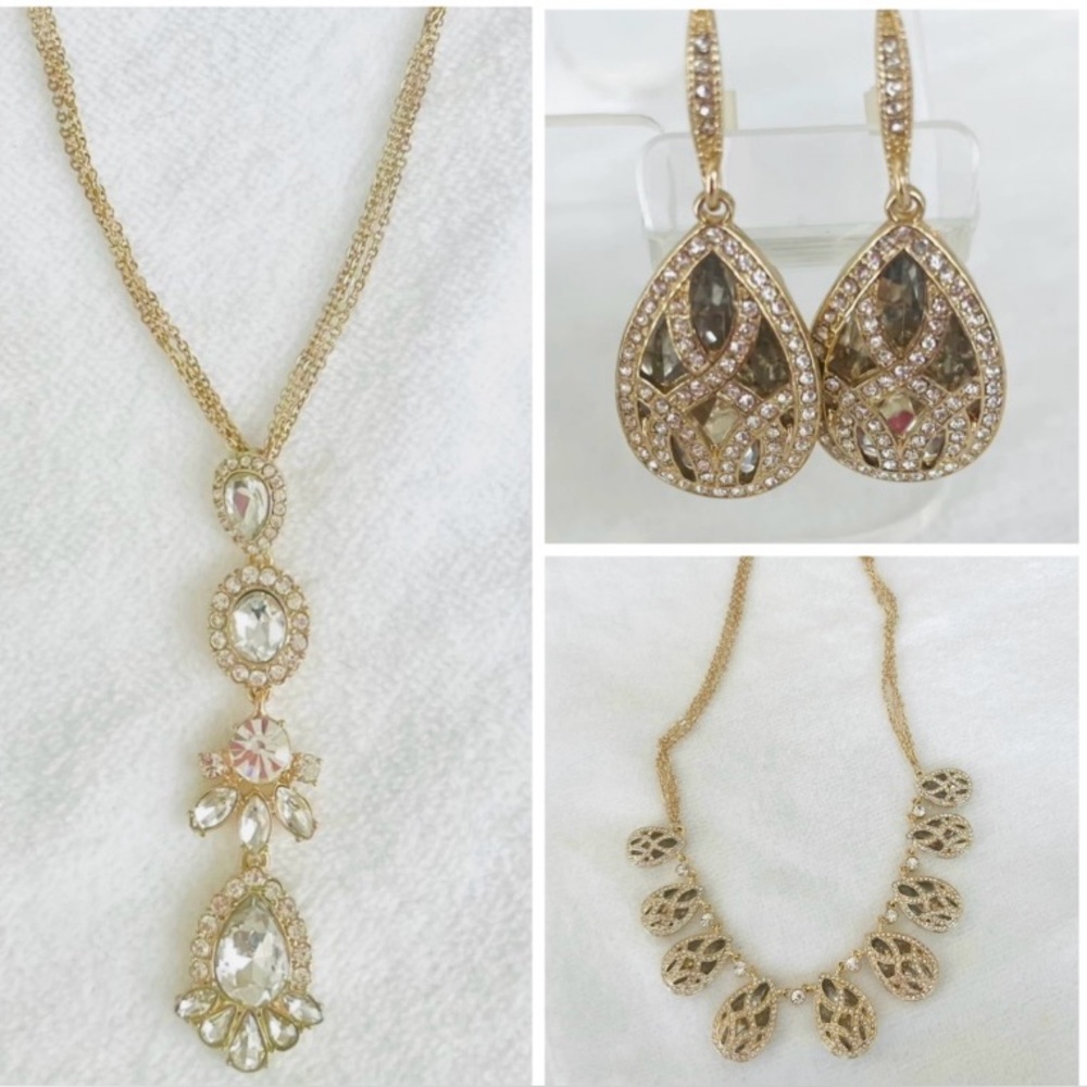 Two Necklaces with Elegant Gold Teardrop Design Earrings